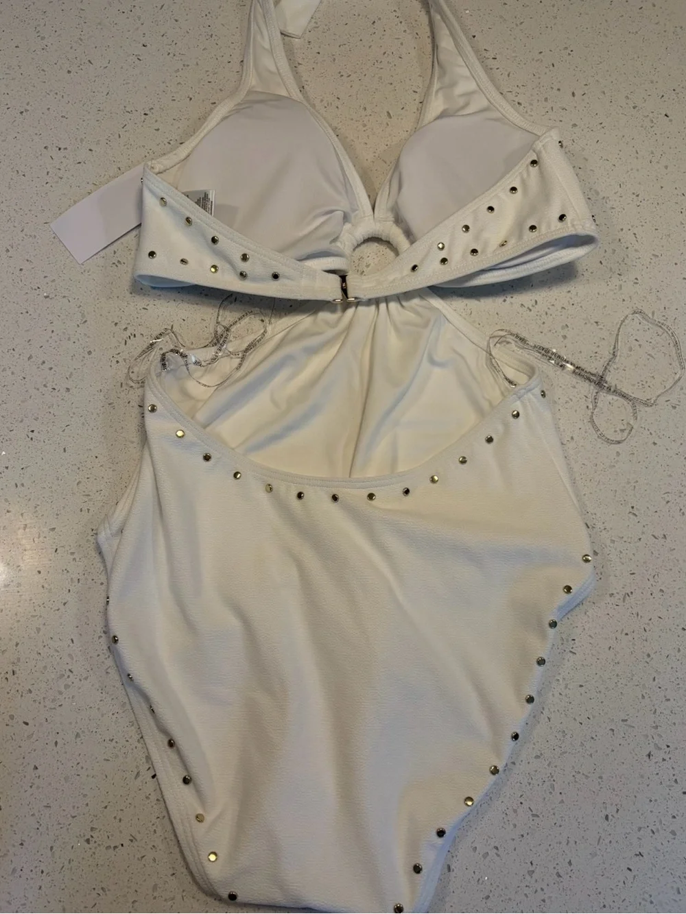 Michael Kors NWT White Studded Cutout One-Piece Swimsuit Size 12 | Gold Hardware